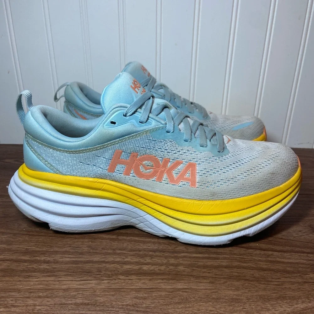 Hoka Bondi 8 Sneakers Blue Orange Yellow Low Top Lace Up Women’s 8.5 - Picture 1 of 14